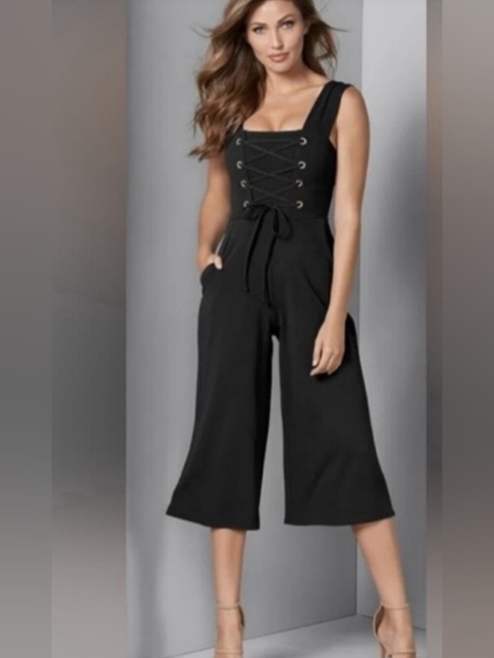 VENUS Dark Navy/Black Corset Lace Up Wide Leg Cropped Jumpsuit Wrinkle Resistant